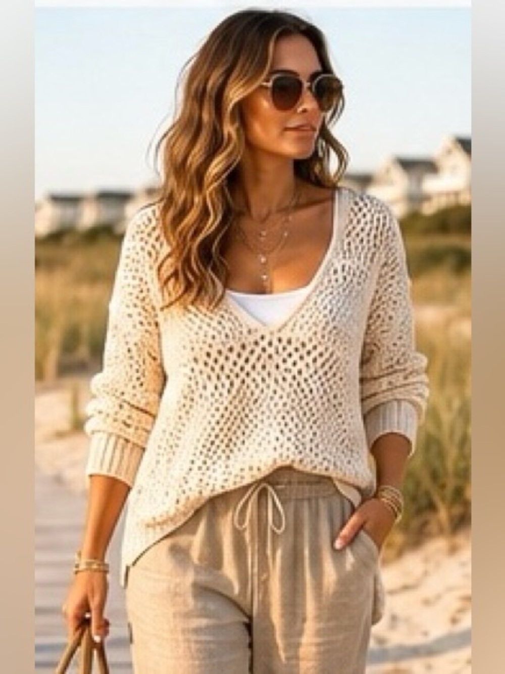 Universal Thread Crochet Open Knit Cream Cotton Sweater Boho Coastal Chic Medium